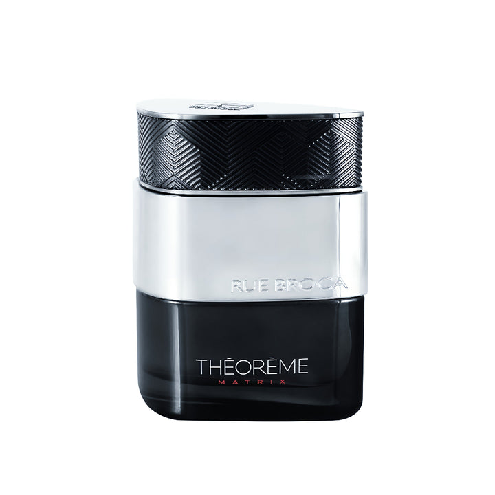 Théorème Matrix Rue Broca for men Perfume bottle with black and white design on a white background