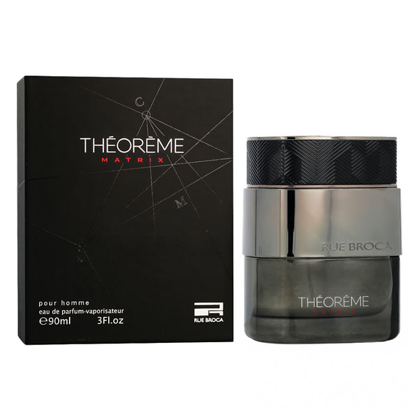 Théorème Matrix Rue Broca for men  perfume bottle and packaging on a white background