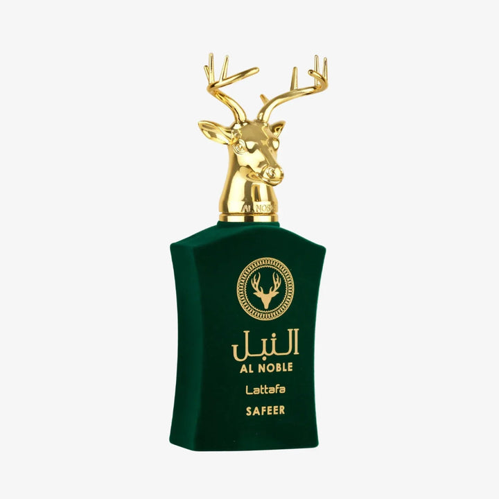 Green perfume bottle with gold deer design on a white background