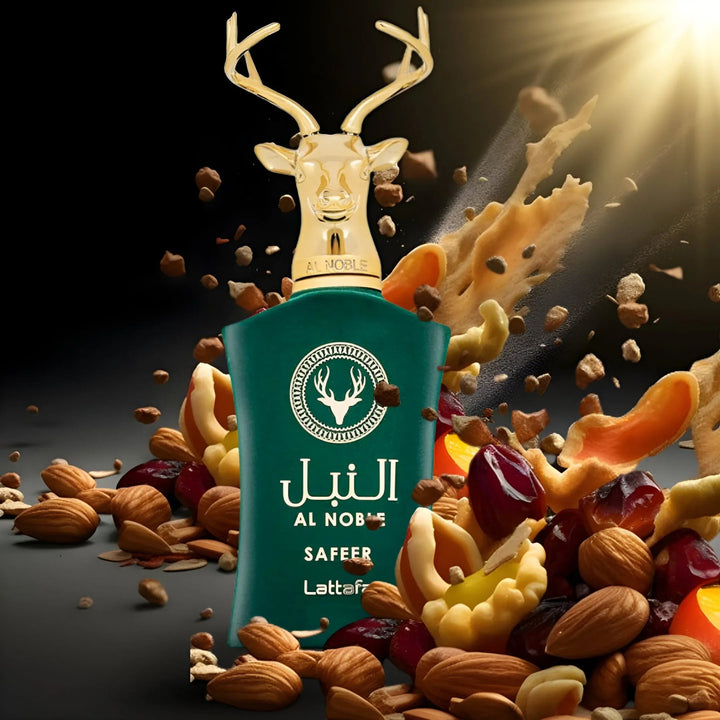 Al Nabeel perfume bottle with a deer design surrounded by fruits and nuts on a dark background