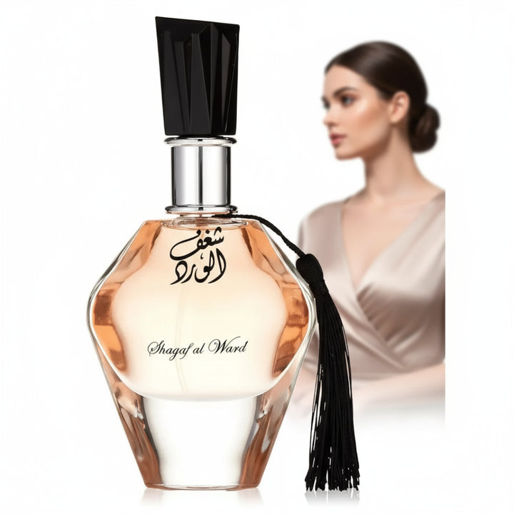 Perfume bottle with a black cap and tassel on a white background