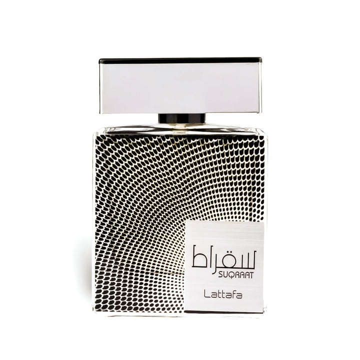 Lattaafa perfume bottle with textured design and white cap on a white background suqraat
