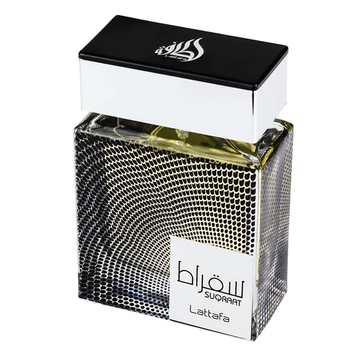 Lattafa perfume bottle with black cap on a white background suqraat