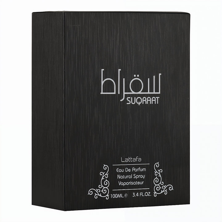 Black perfume box with 'SUQRAAT' branding on a white background lattafa