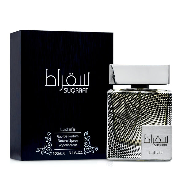 Suqraat Lattafa perfume bottle and packaging on a white background