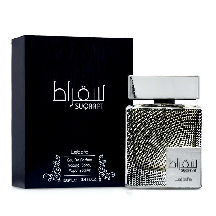Suqraat Lattafa perfume bottle and packaging on a white background