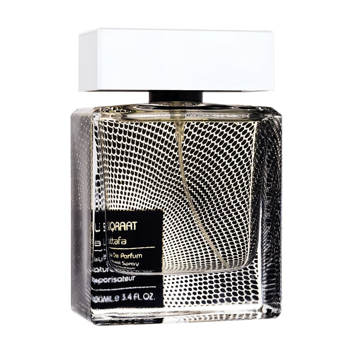 Perfume bottle suqraat lattafa with textured design on a white background
