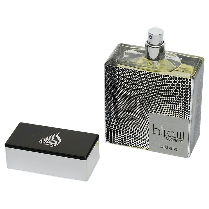 Perfume suqraat lattafa bottle with black and silver box on a white background