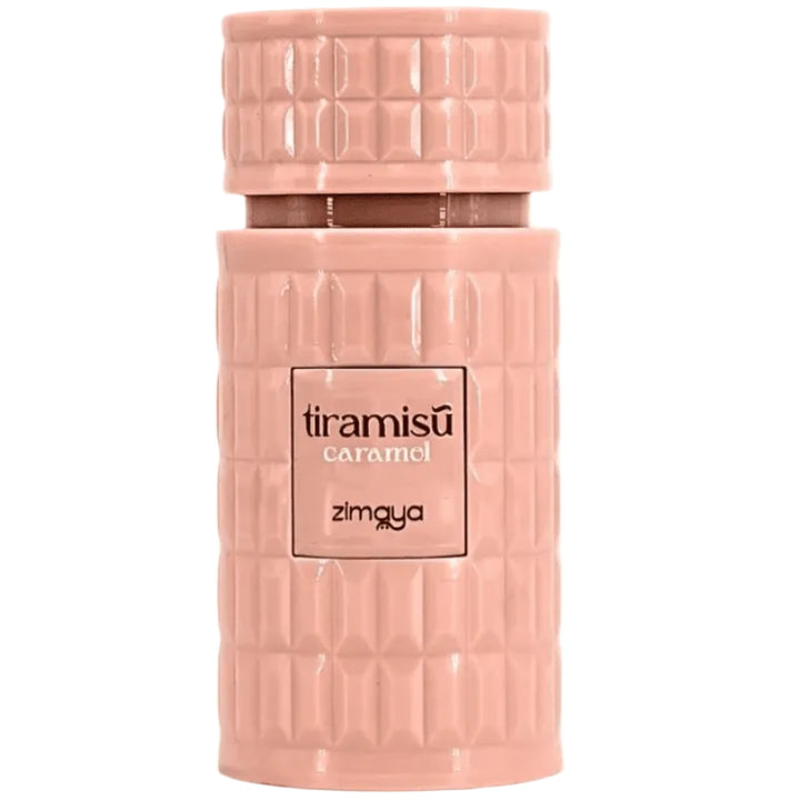Pink bottle of Zimaya Tiramisu Caramel perfume on a white background