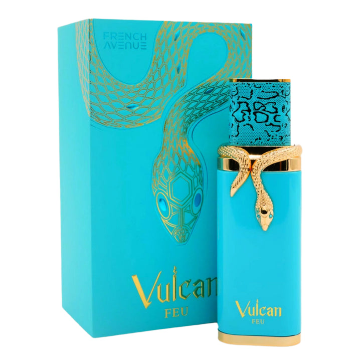 Turquoise perfume bottle with gold accents and matching box on a white background