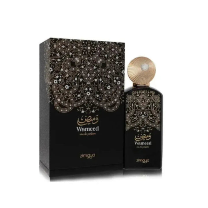 Perfume bottle and packaging with 'Wameed' branding on a white background