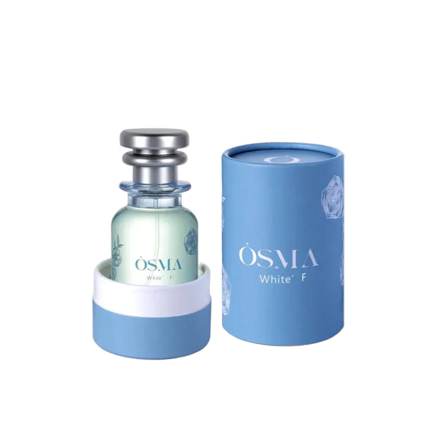 OSMA White F perfume bottle and packaging on a light gray background