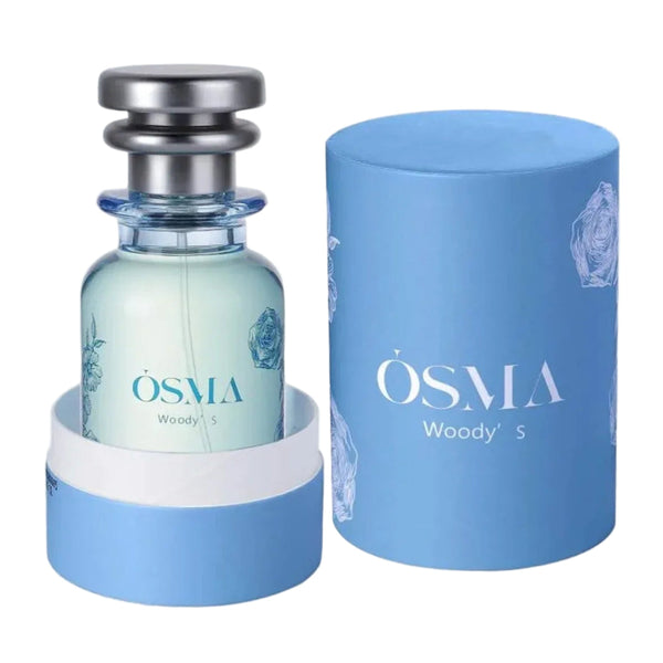 OSMA perfume bottle and packaging on a light blue background with ingredient labels.
