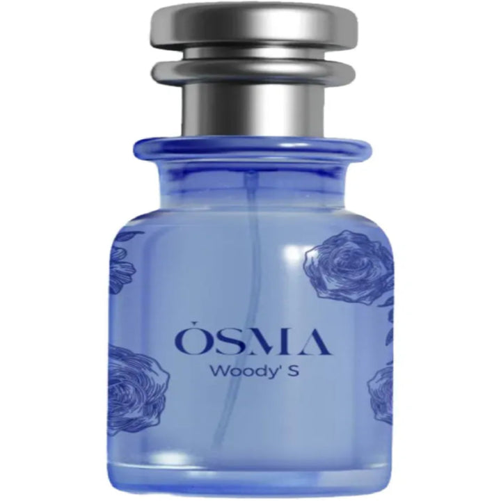 OSMIA Woody S perfume bottle with blue design and silver cap on a white background