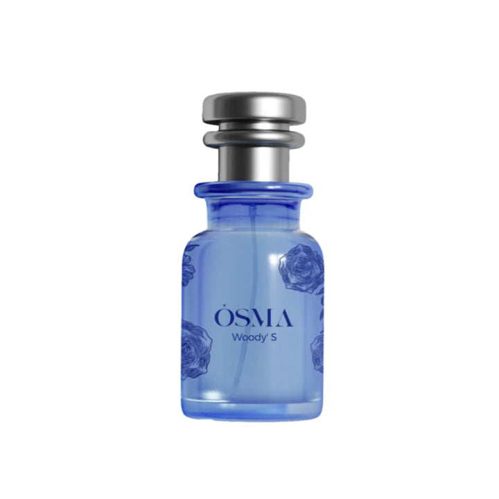 Blue perfume bottle with silver cap on a white background