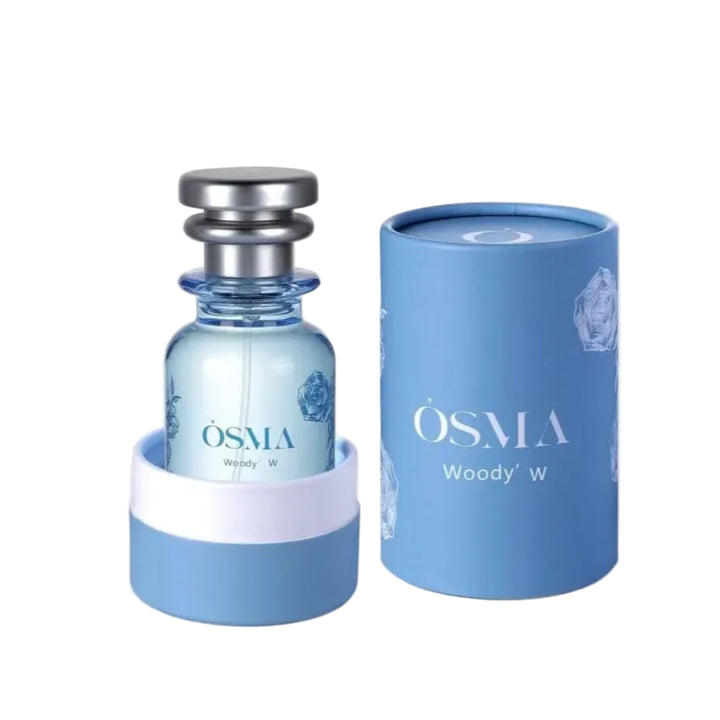 OSMA Woody W perfume bottle and packaging on a light gray background