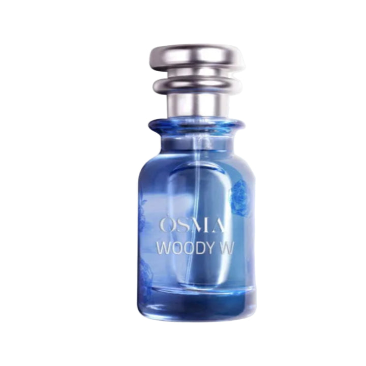Blue perfume bottle labeled 'Osmia Woody' with 'Parfumo' logo on a white background