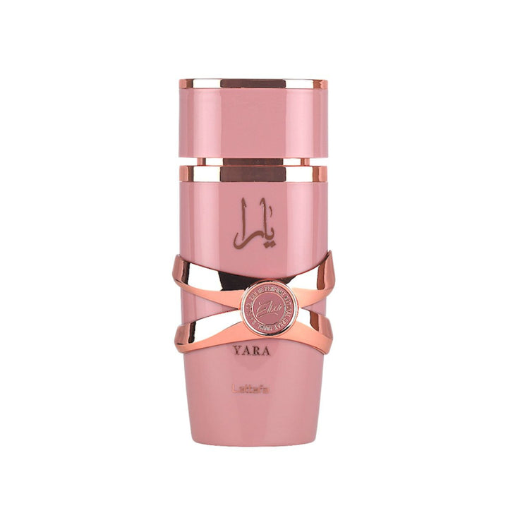 Pink and rose gold bottle with 'Yara' branding on a white background