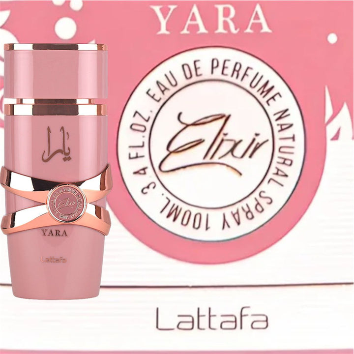 Pink and rose gold Lattafa perfume bottle with 'Yara' branding on a pink background