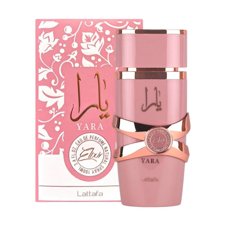Pink Laltafa Yara perfume bottle and packaging on a white background