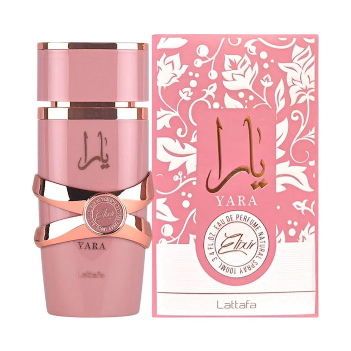 Pink Yara perfume bottle and packaging with intricate designs on a white background