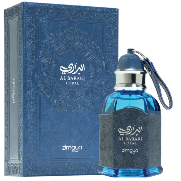 Blue perfume bottle with matching packaging on a white background