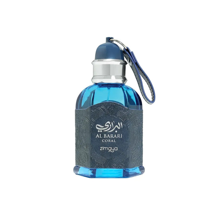 Blue perfume bottle with a silver cap on a white background