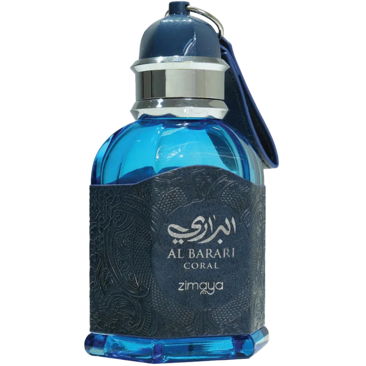 Blue water bottle with black holder labeled 'Al Barari Coral' on a white background