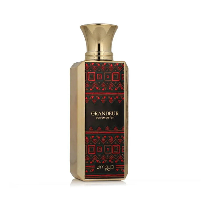 Perfume bottle with gold cap and black and red label on a white background