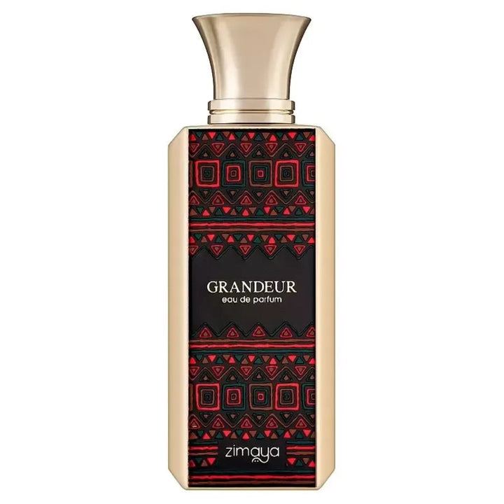 Perfume bottle with gold cap and black and red patterned label on a white background