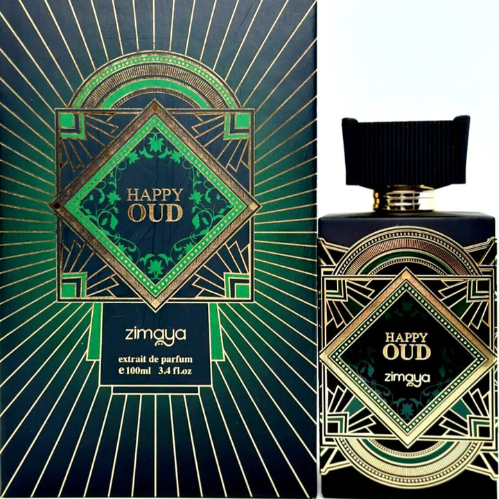 Zimya Happy Oud perfume bottle and packaging with decorative design