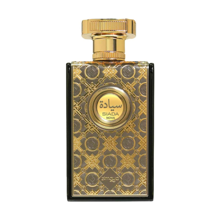 Gold and black patterned perfume bottle with 'Siada Nova' branding on a white background