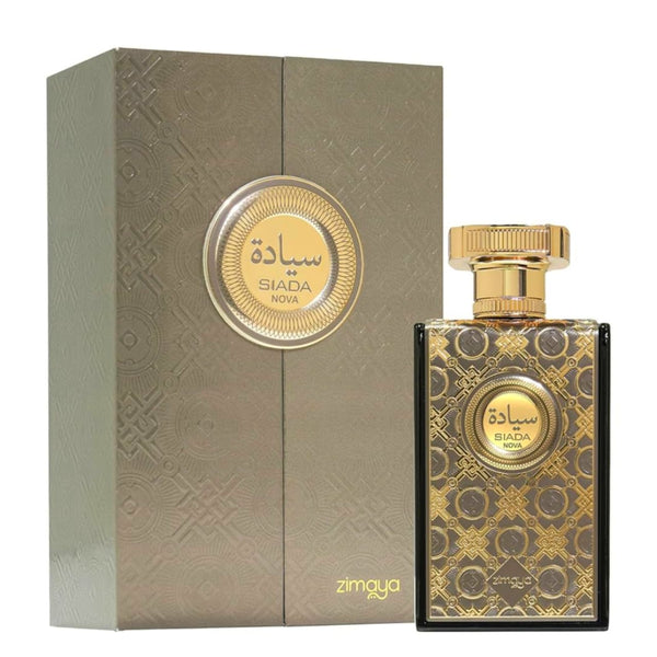 Perfume bottle and packaging with intricate designs on a white background