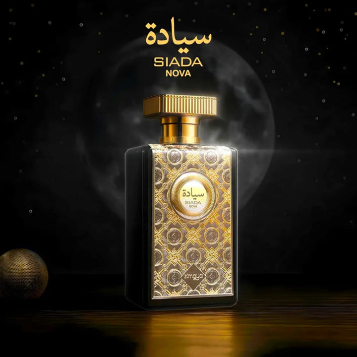 Perfume bottle with gold and black design on a dark background