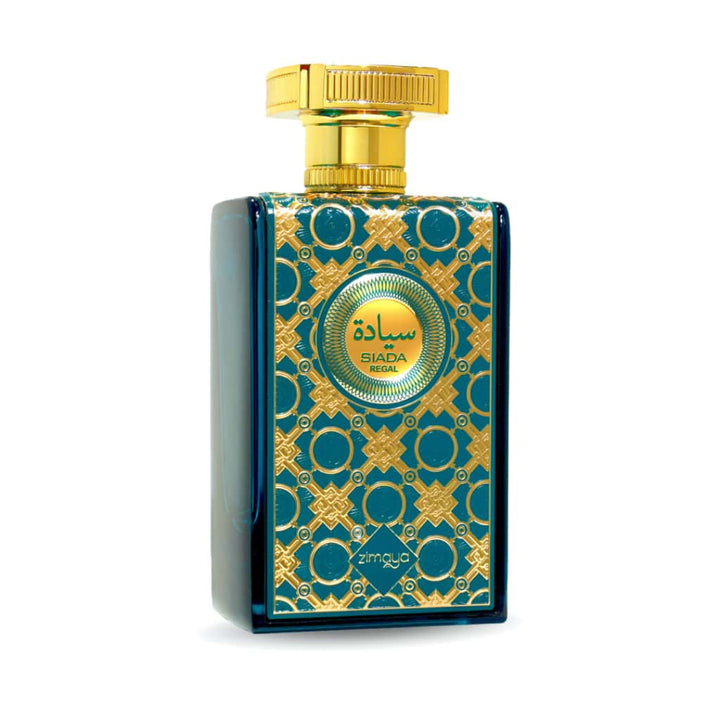 Perfume bottle with gold and blue design on a white background
