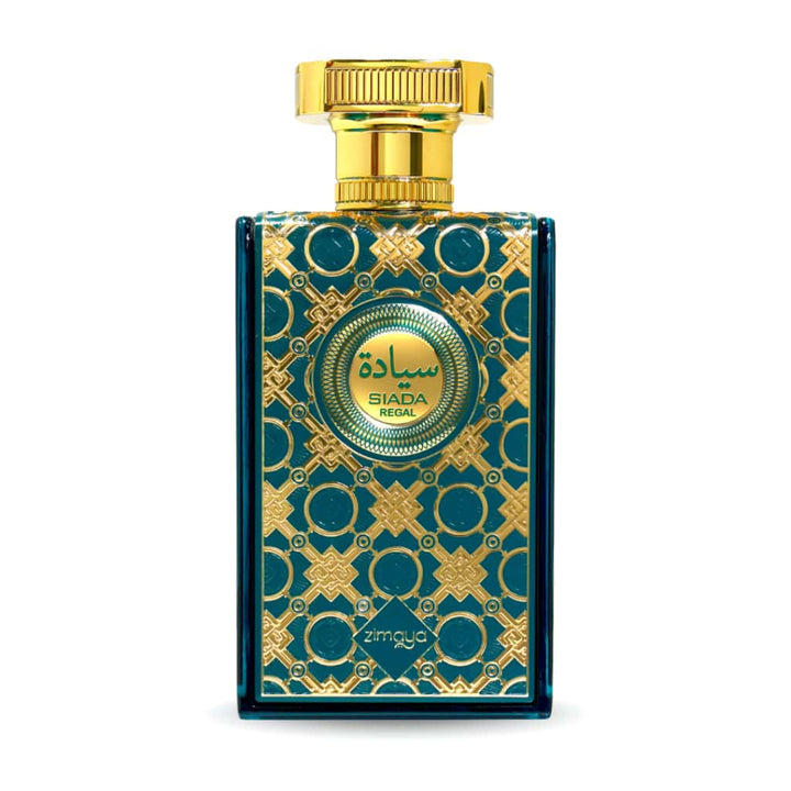 Decorative perfume bottle with gold and blue design on a white background