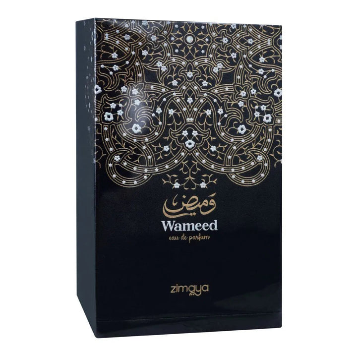 Black perfume box with intricate gold patterns and 'Wameed' branding on a white background