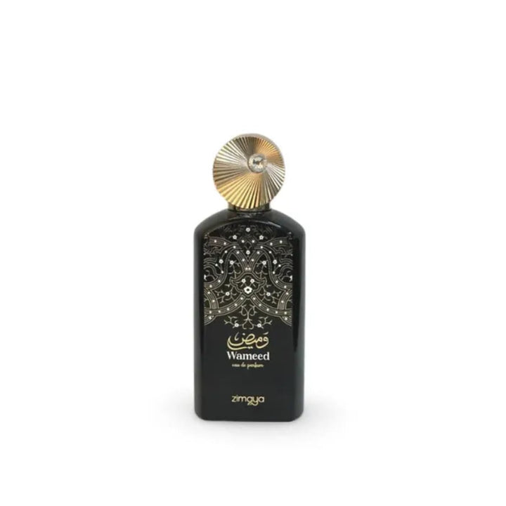 Black perfume bottle with decorative cap on a white background