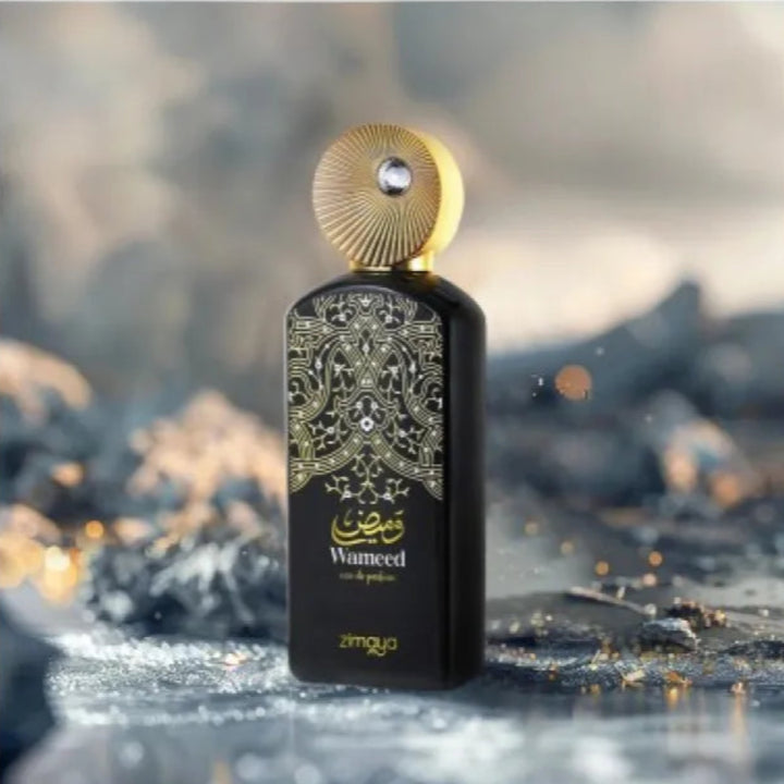 Decorative perfume bottle with intricate design on a textured surface