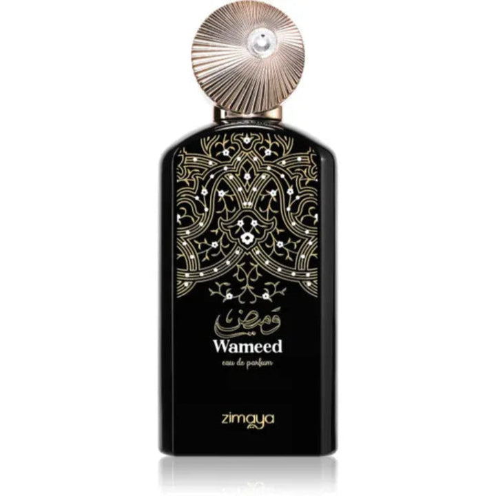 Black perfume bottle with intricate design and 'Waneed' branding on a white background